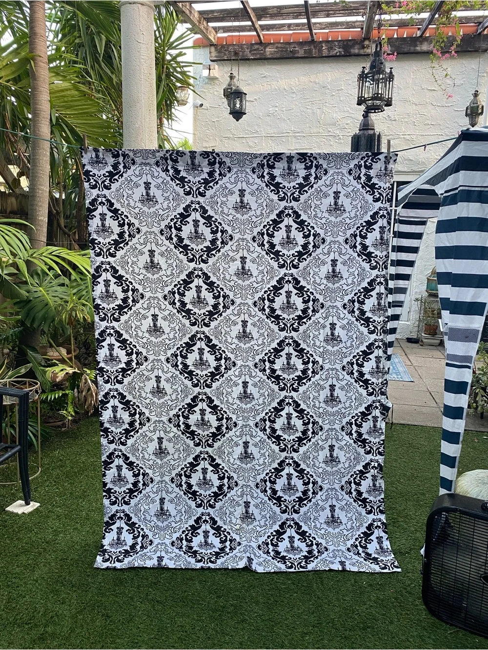 Black White Chandelier Damask Cotton Curtain Panels - Pair of 2